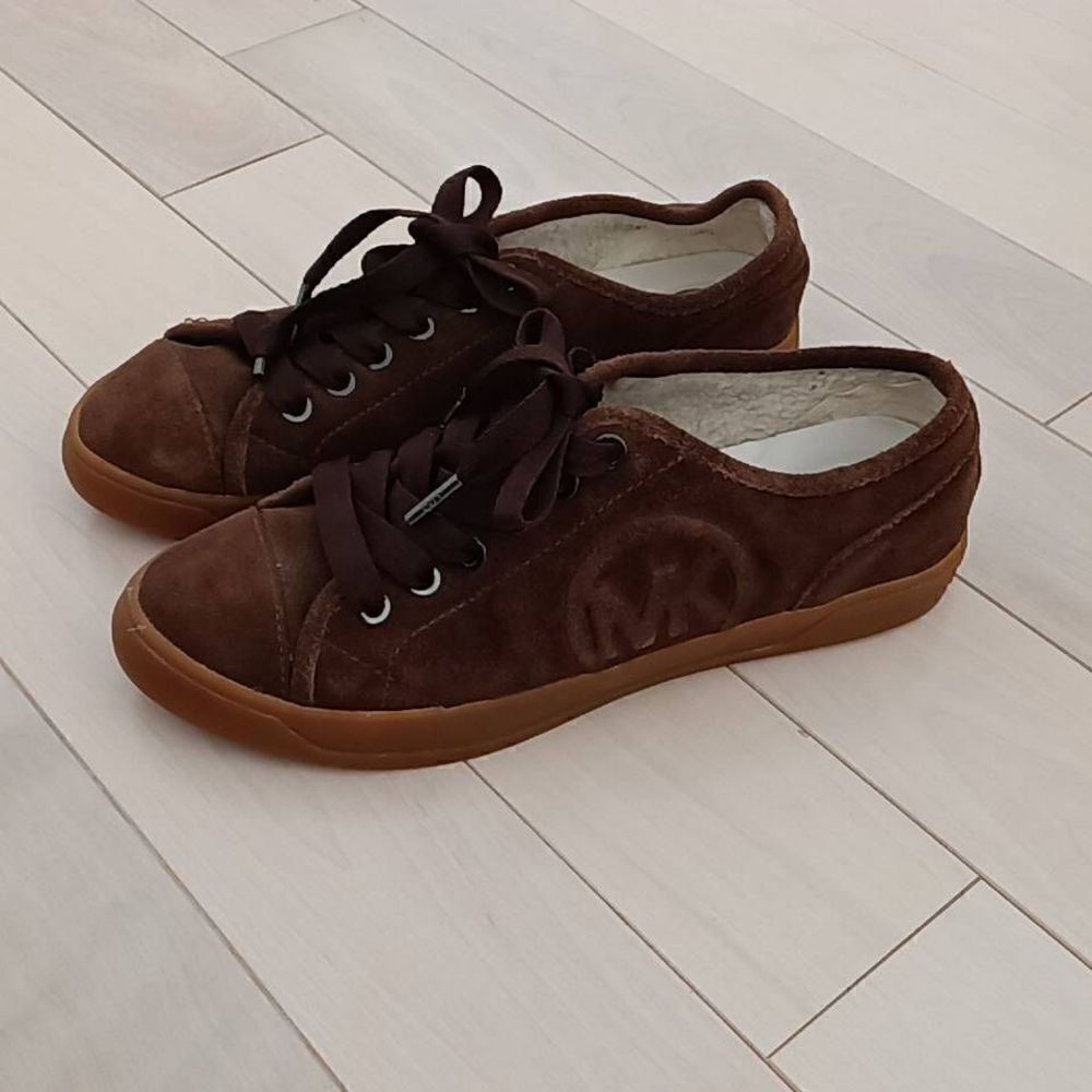 Michael Kors Women's Suede Signature Logo Detail Sneaker Shoes Brown 7.5 M